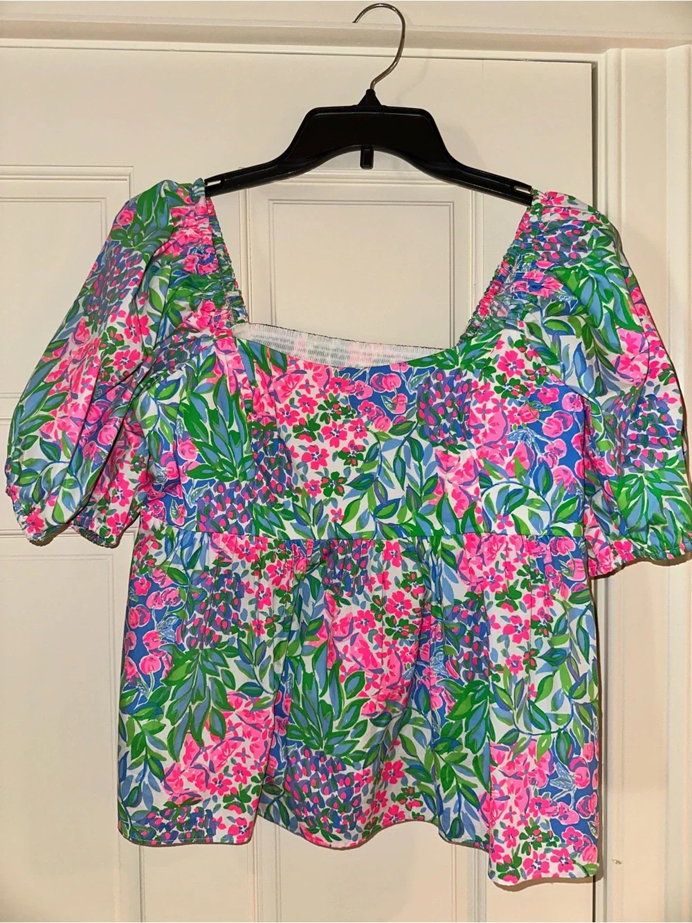 Lilly Pulitzer Square-Neck Puff Sleeve Floral Top - Pink, Green & Blue